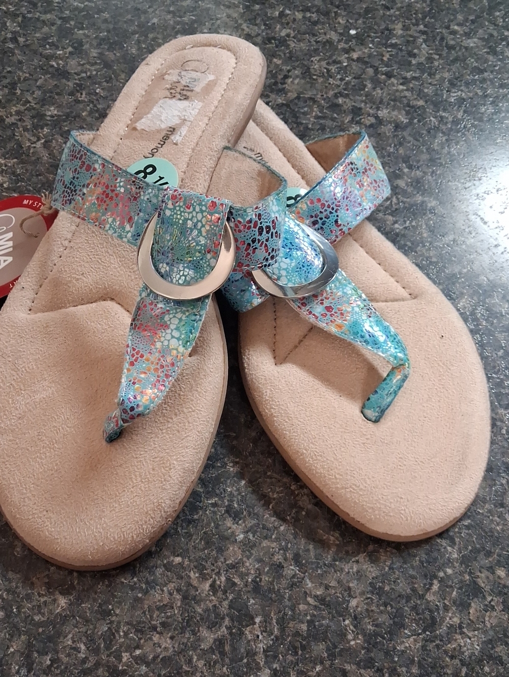 Women’s Turquoise Multicolor Toe-Post Sandals with Silver Ring Accent